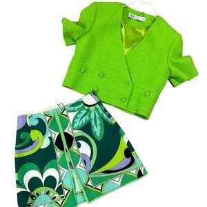 ZARA psychedelic lime green outfit set | retro Zara blazer & skirt set Sz Small